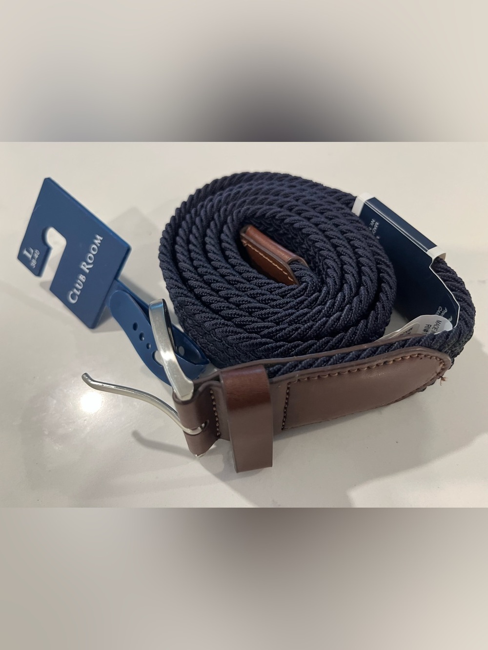 Club Room Navy Braided Belt with Brown Leather Detail 38-40 NWT ⛳️ - Picture 2 of 5